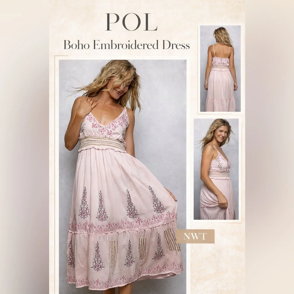 POL Boho Pink Smocked Cotton Midi Embroidered Dress NWT L  Festival Vacation - Picture 4 of 9